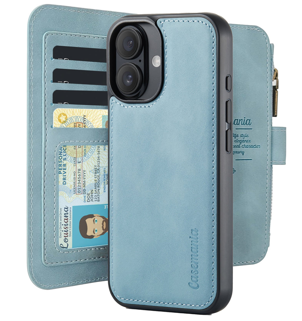Apple iPhone 16 Plus Hülle - Aqua Blue - 2-in-1 Klapphülle mit Kartenfach und Reißverschluss