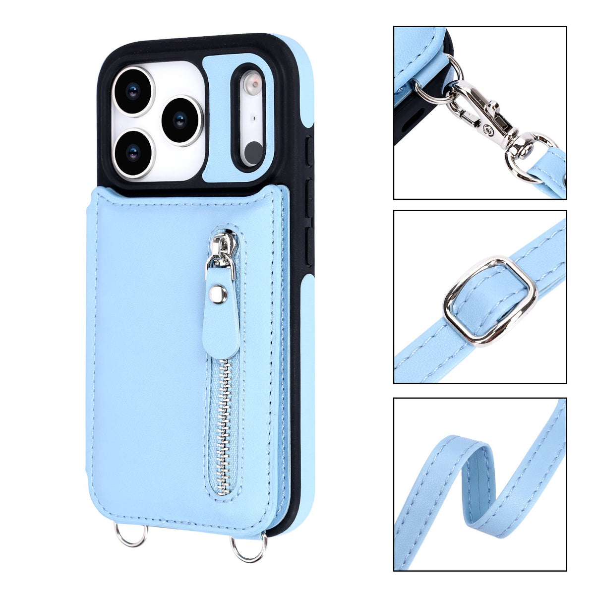 Apple iPhone 18 Pro Max Hoesje - Licht Blauw - Luxe Back Cover met Telefoonkoord en Rits