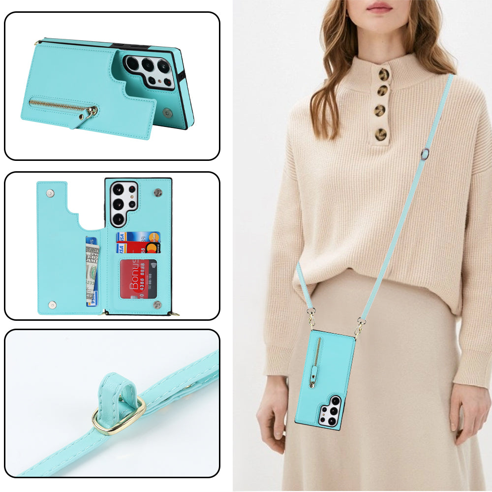 Samsung Galaxy S23 Ultra Hoesje - Turquoise - Luxe Back Cover met Telefoonkoord en Rits