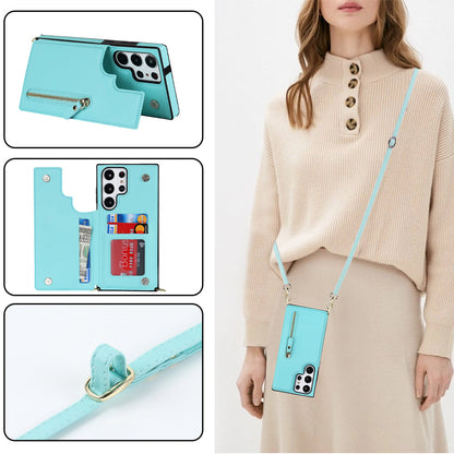 Samsung Galaxy S23 Ultra Hoesje - Turquoise - Luxe Back Cover met Telefoonkoord en Rits