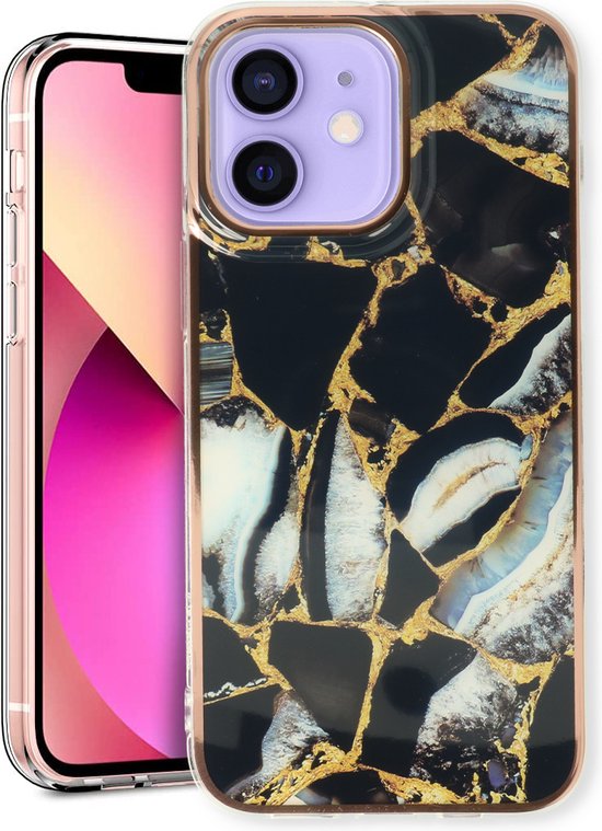 Apple iPhone 12 Hoesje - Zwart - Siliconen Marmer Back Cover