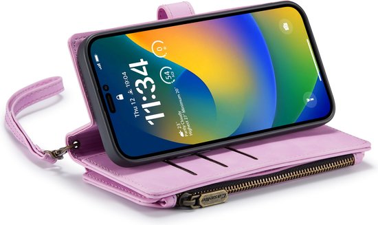 Apple iPhone 14 Pro Hoesje - Pastel Pink - Luxe Bookcase met Rits en Telefoonkoord