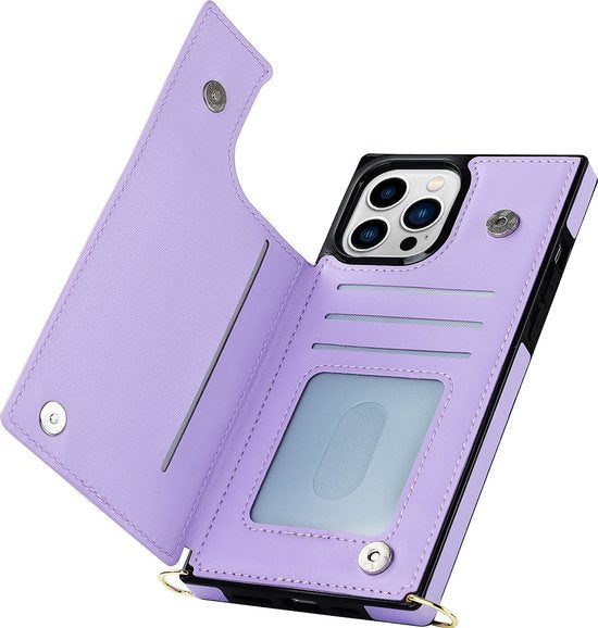 Apple iPhone 15 Pro Hülle - Lila - Luxuriöses Back Cover mit Umhängeband und Reißverschluss