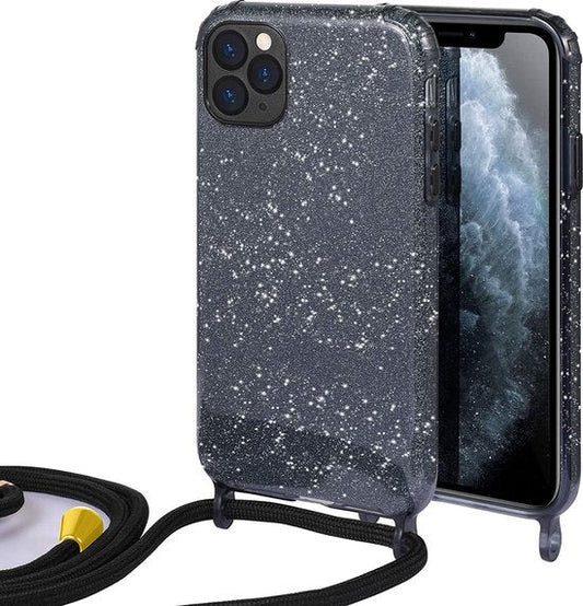 Apple iPhone 12 Pro Max Case - Black - Glitter Back Cover with Phone Strap