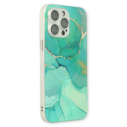 Apple iPhone 14 Pro Hoesje - Blauw - Siliconen Marmer MagSafe Back Cover