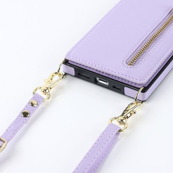 Apple iPhone 15 Plus Hülle - Lila - Luxuriöses Back Cover mit Handyband und Reißverschluss