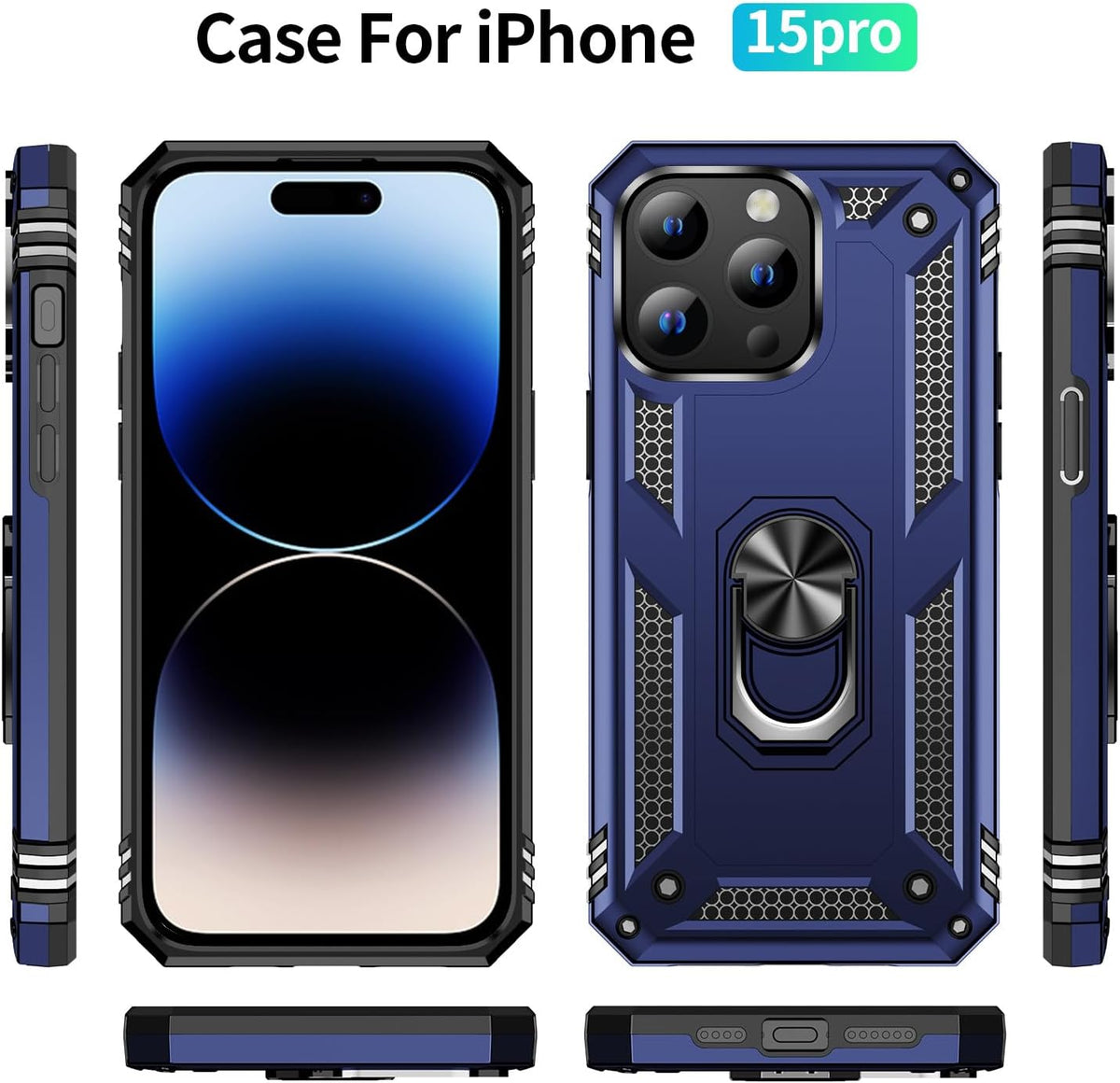 Apple iPhone 15 Pro Hülle - Blau - Armor-Ständer-Backcover