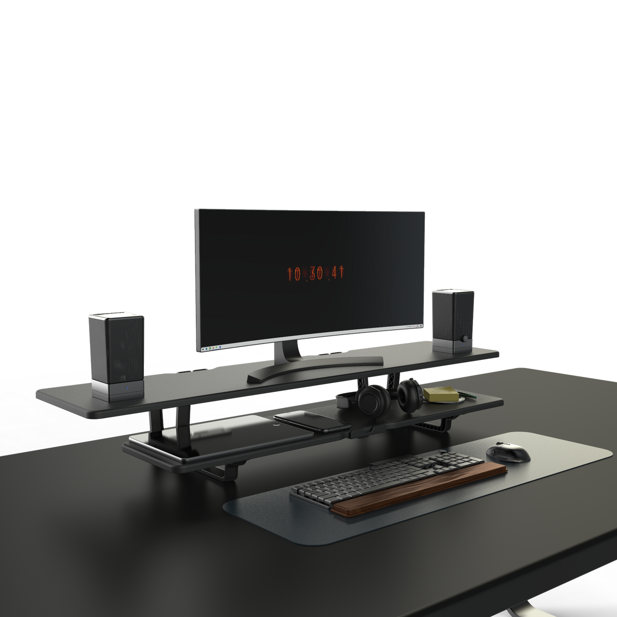 Casemania Monitorstandaard met Telefoonhouder - Zwart - Beeldscherm Verhoger voor 2 Monitoren - Tweelaags Monitor Standaard met Opbergplank - Extra Brede Bureauverhoger - Beeldschermstandaard - Bureau Organizer voor Thuiswerkplek en Kantoor