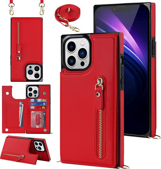 Apple iPhone 15 Pro Max Hoesje - Rood - Luxe Back Cover met Telefoonkoord en Rits