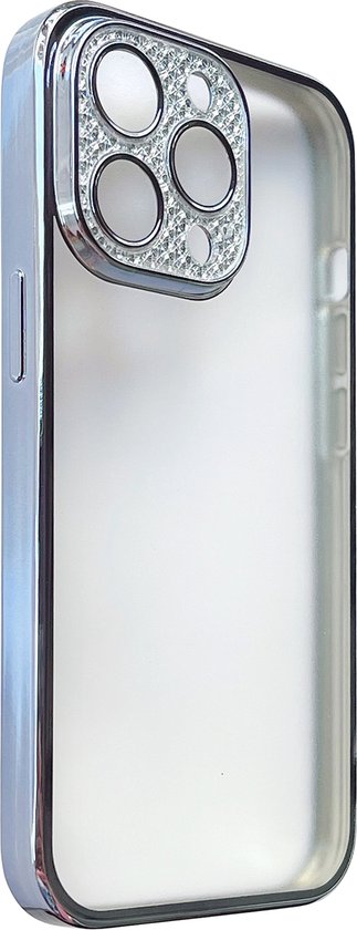 Apple iPhone 12 Hoesje - Blauw - Transparant Glitter Back Cover met Camerabescherming