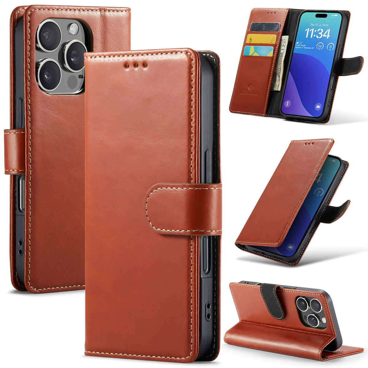 Apple iPhone 16 Pro Hoesje - Bruin - Echt Leren Bookcase
