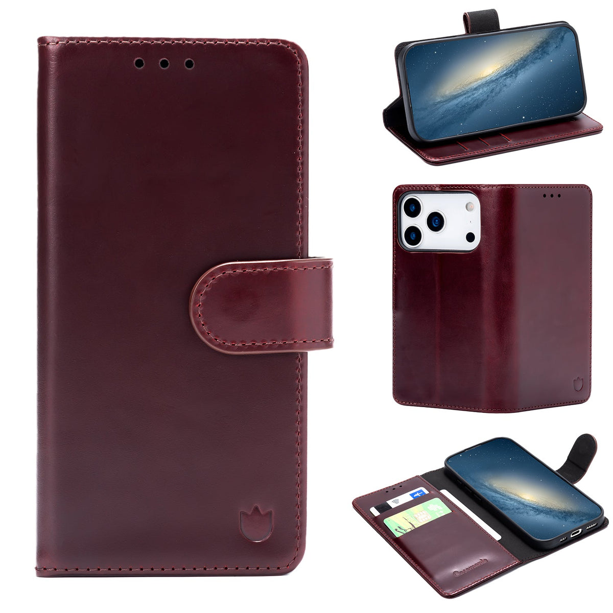 Apple iPhone 18 Pro Max Case - Maroon Red - Genuine Leather Wallet Case