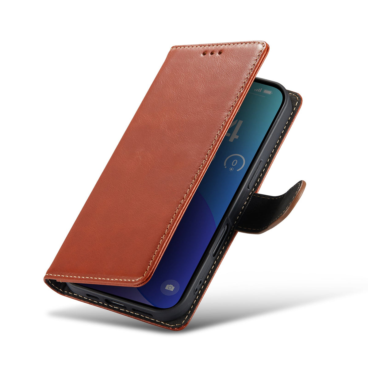 Apple iPhone 16 Pro Hoesje - Bruin - Echt Leren Bookcase