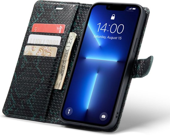 Apple iPhone 13 Pro Case - Green - Luxury Snake Print Wallet Case
