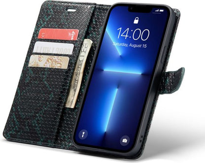 Apple iPhone 13 Pro Max Hülle - Grün - Luxus Schlangenprint Klapphülle mit Kartenfach