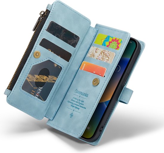 Apple iPhone 14 Plus Hoesje - Aqua Blue - Luxe Bookcase met Rits en Telefoonkoord