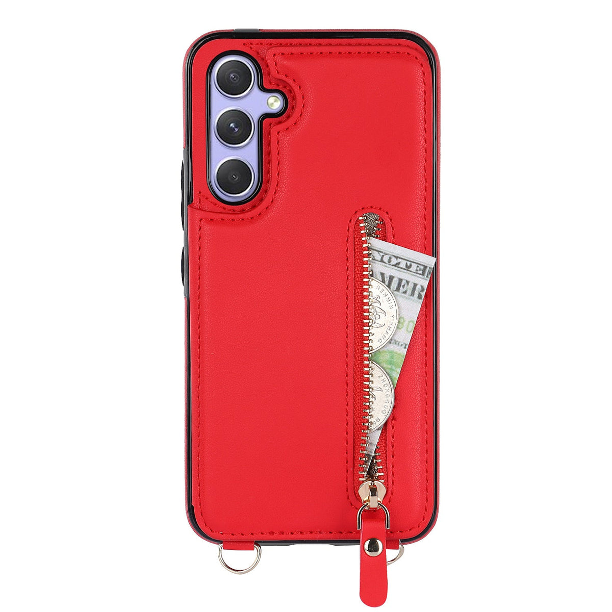 Samsung Galaxy A54 Case - Red - Luxury Back Cover with Phone Strap and Zipper