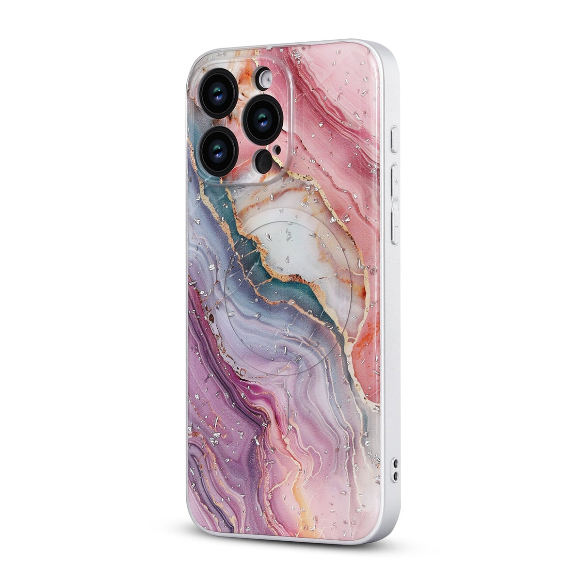 Apple iPhone 14 Pro Hülle - Rosa - Marmor-Glitzer-MagSafe-Backcover