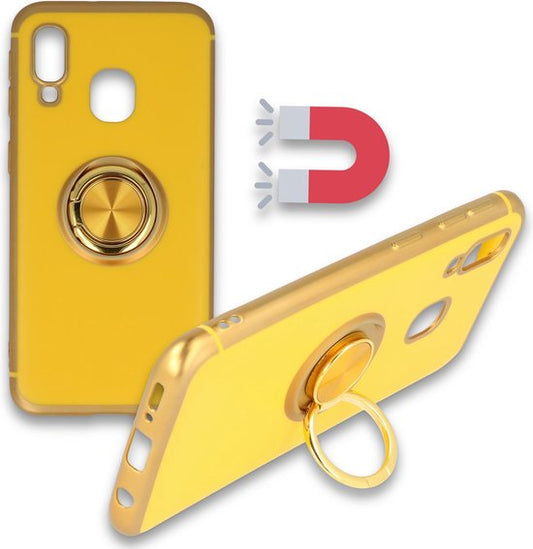 Samsung Galaxy A40 Hoesje - Geel - Siliconen Ring Kickstand Back Cover