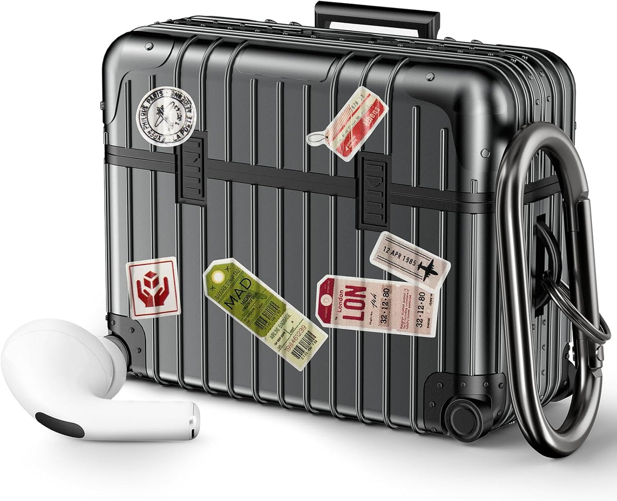 Apple AirPods Pro 2 / Pro Hoesje - Koffer Suit Case met Stickers - Zwart