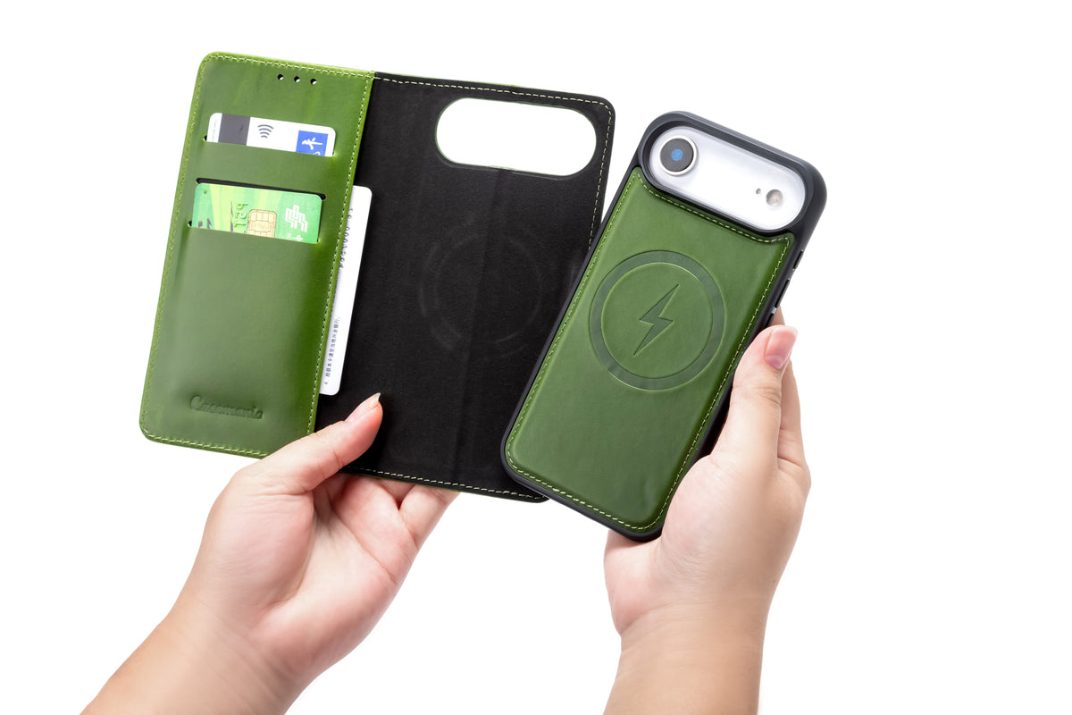 Apple iPhone Air Hoesje - Olive Green - Echt Leren MagSafe Bookcase