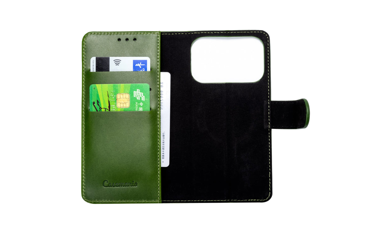 Apple iPhone 17 Pro Hoesje - Olive Green - Echt Leren MagSafe Bookcase