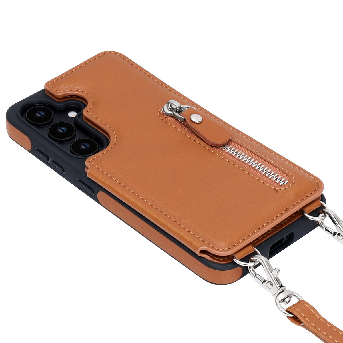 Samsung Galaxy S25 Case - Brown - Luxury Back Cover with Phone Strap and Zipper