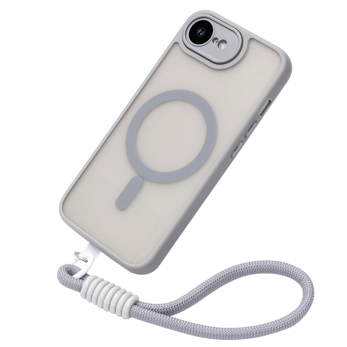 Apple iPhone 17e Hoesje - Grijs met Pols Bandje - Matte Armor MagSafe Back Cover met Telefoonkoord