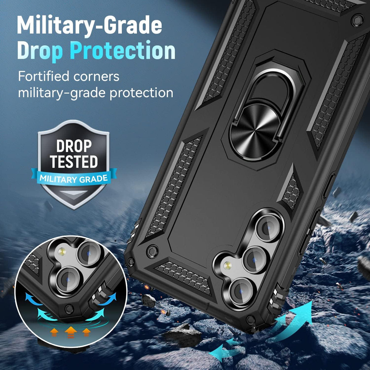 Samsung Galaxy A15 Hoesje - Zwart - Hybride Armor Kickstand Back Cover met Magneetring