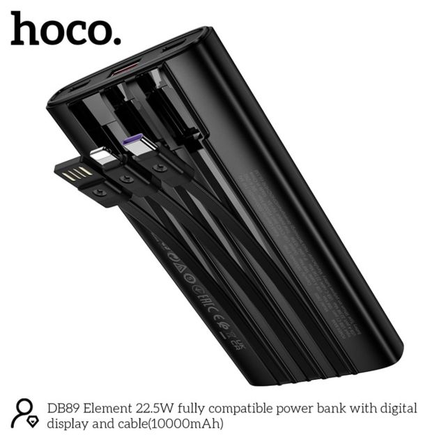 Hoco Powerbank 10.000mAh 22.5W met Ingebouwde Kabels - Zwart