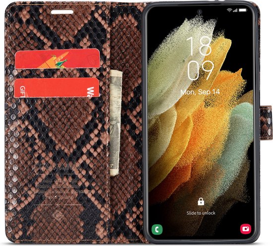 Samsung Galaxy S21 FE Hoesje - Bruin - Luxe Slangen Bookcase