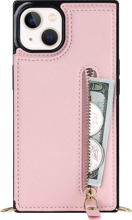 Apple iPhone 14 Hoesje - Roze - Luxe Back Cover met Telefoonkoord en Rits