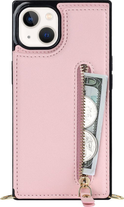 Apple iPhone 14 Hoesje - Roze - Luxe Back Cover met Telefoonkoord en Rits