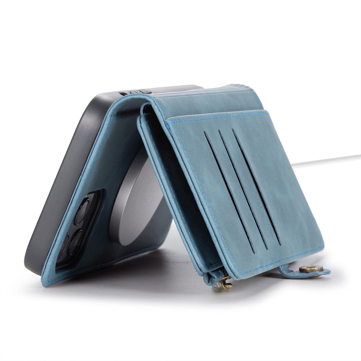 Apple iPhone 15 Pro Max Hoesje - Aqua Blue - Luxe MagSafe Bookcase met Rits en Telefoonkoord