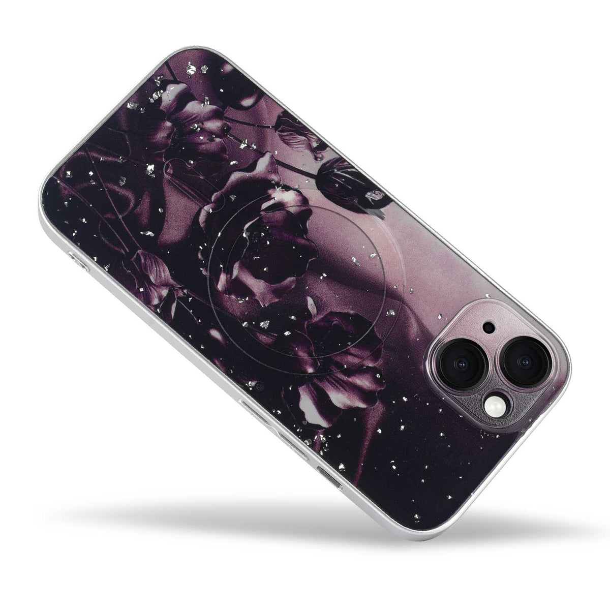 Apple iPhone 13 Hülle - Dunkellila - Blumen-Glitzer-MagSafe-Backcover