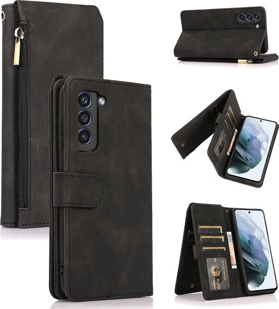Samsung Galaxy S22 Plus Hoesje - Zwart - Extra Stevige Luxe Bookcase met Rits en Vakken