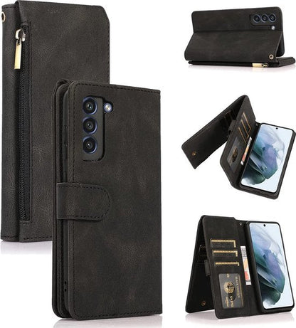 Samsung Galaxy S22 Plus Hoesje - Zwart - Extra Stevige Luxe Bookcase met Rits en Vakken