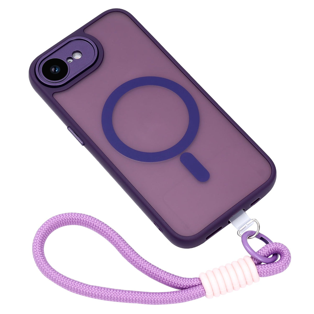 Apple iPhone 16e Hoesje - Paars met Pols Bandje - Matte Armor MagSafe Back Cover met Telefoonkoord