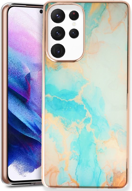 Samsung Galaxy S23 Ultra Hoesje - Aqua - Siliconen Marmer Back Cover