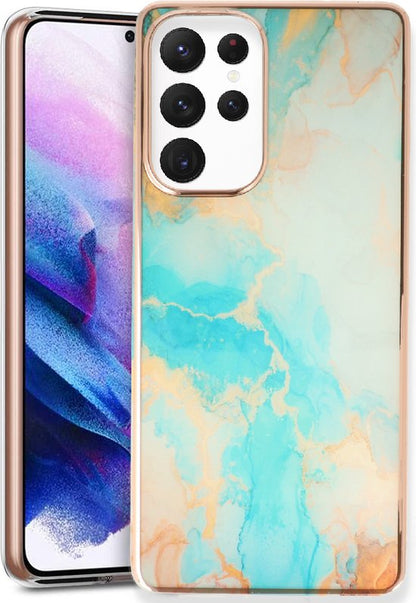 Samsung Galaxy S23 Ultra Hoesje - Aqua - Siliconen Marmer Back Cover