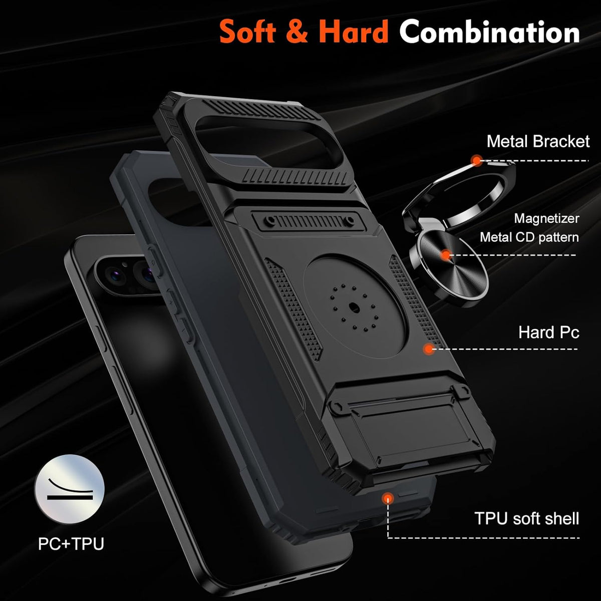 Google Pixel 9 Pro Case - Black - Armor Kickstand Back Cover with Card Holder