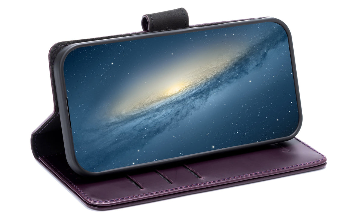 iPhone 16e Hoesje - Dark Purple - Echt Leren book Bookcase