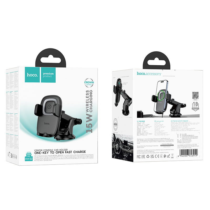 Hoco Telefoonhouder met Zuignap & Draadloos Opladen - Universeel Auto GSM Houder met Clamp