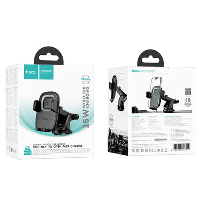 Hoco Telefoonhouder met Zuignap & Draadloos Opladen - Universeel Auto GSM Houder met Clamp