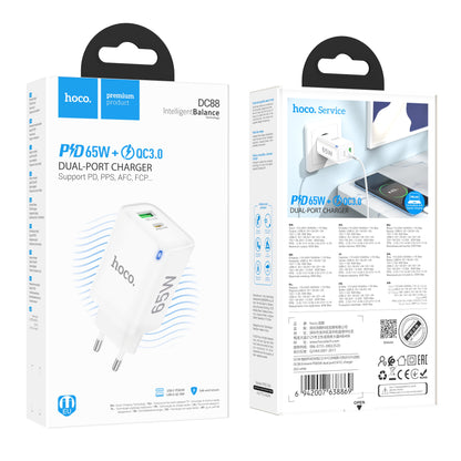 Hoco 65W Snellader 2-poorts USB-C + USB-A - Wit