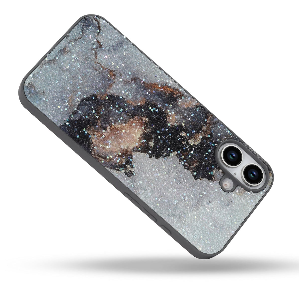 Apple iPhone 16 Hoesje - Grijs - Diamant Marmer Glitter Back Cover