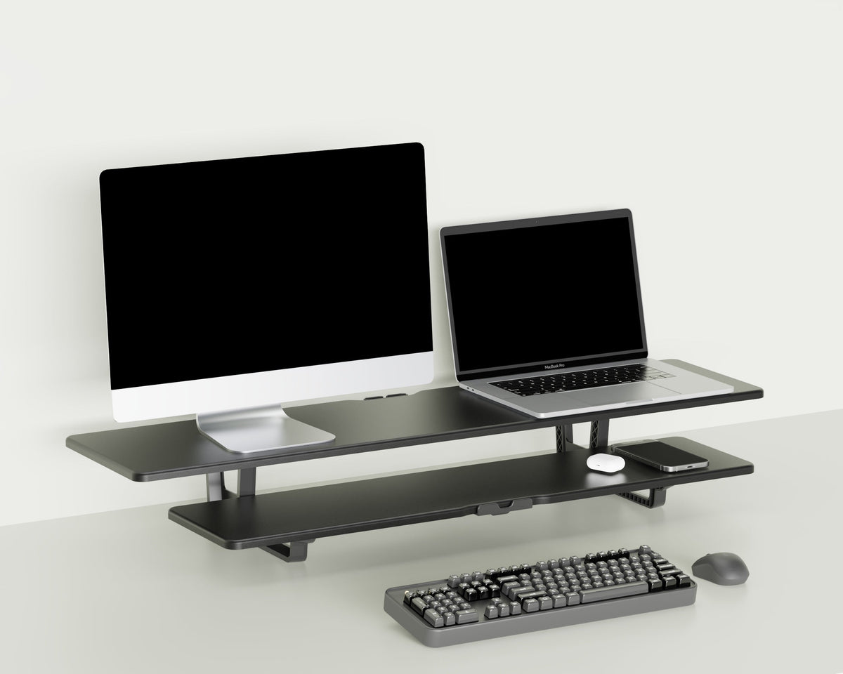 Casemania Monitorstandaard met Telefoonhouder - Zwart - Beeldscherm Verhoger voor 2 Monitoren - Tweelaags Monitor Standaard met Opbergplank - Extra Brede Bureauverhoger - Beeldschermstandaard - Bureau Organizer voor Thuiswerkplek en Kantoor