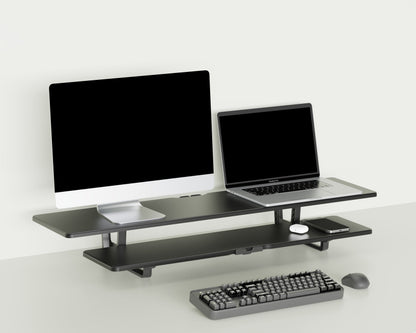 Casemania Monitorstandaard met Telefoonhouder - Zwart - Beeldscherm Verhoger voor 2 Monitoren - Tweelaags Monitor Standaard met Opbergplank - Extra Brede Bureauverhoger - Beeldschermstandaard - Bureau Organizer voor Thuiswerkplek en Kantoor