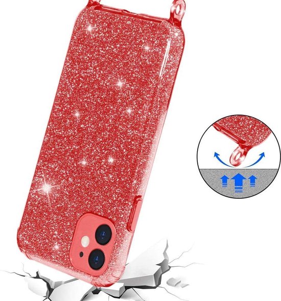 Apple iPhone 12 Mini Hoesje - Rood - Glitter Back Cover met Telefoonkoord