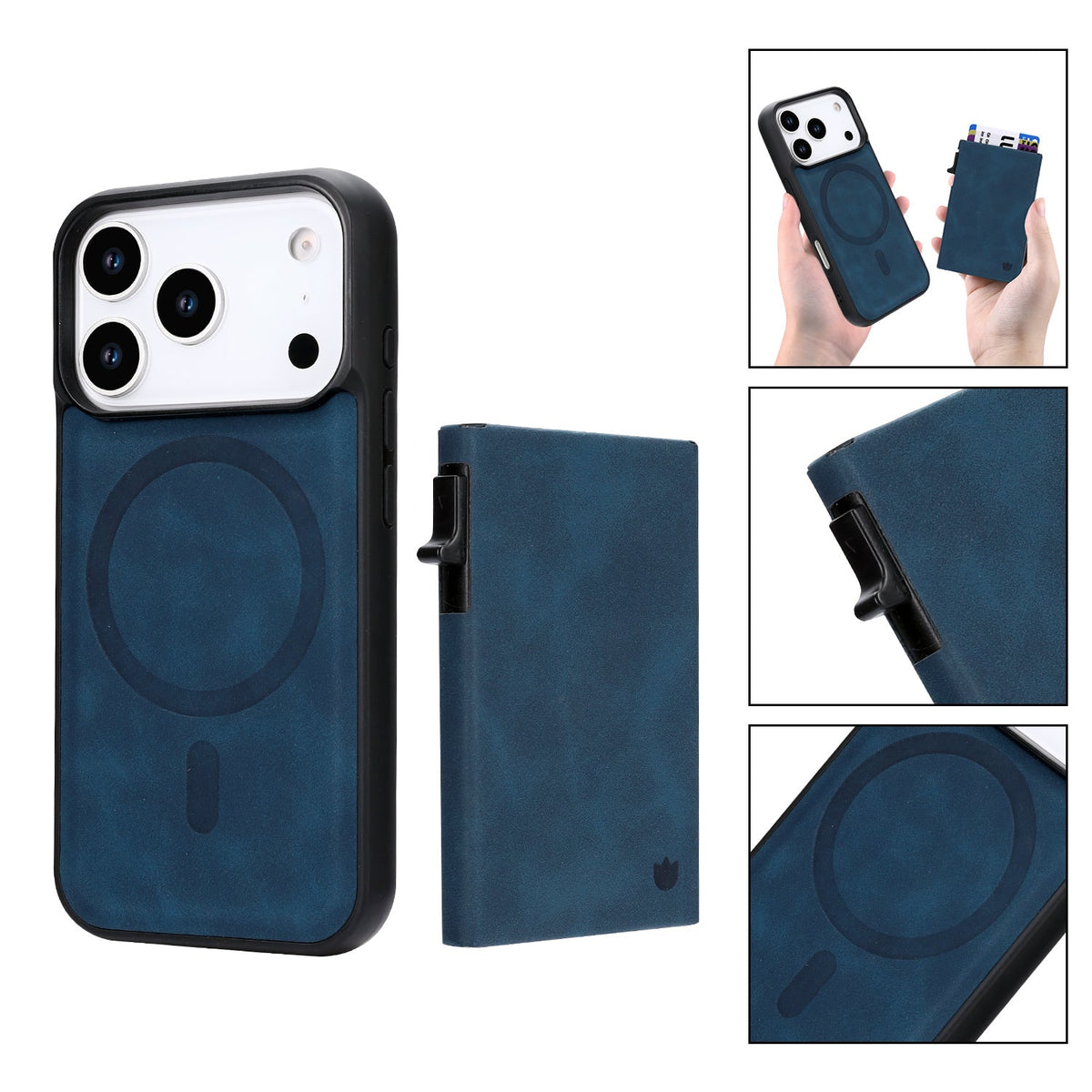 Apple iPhone 18 Pro Hoesje - Navy Blue - Kunstleren MagSafe Back Cover met Uitschuifbare Pasjeshouder